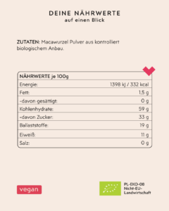 Rückseite Maca Pulver Inhalt und Zutaten