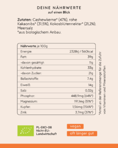 Rückseite Cashew Cluster Zutaten u. Inhaltsstoffe