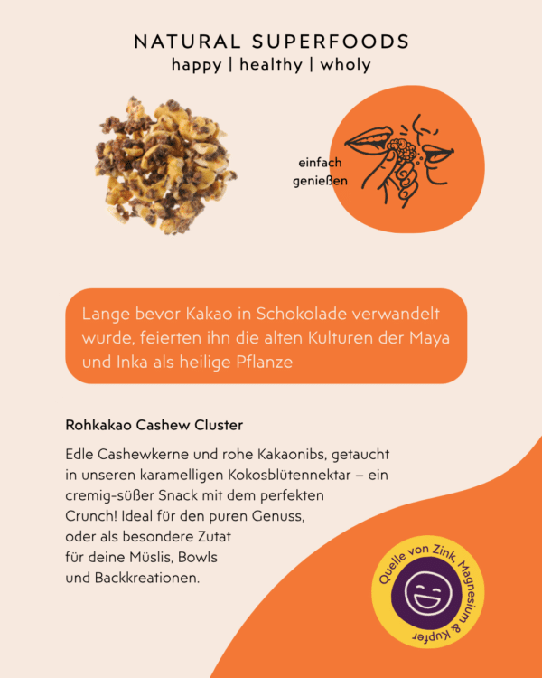 Rückseite Cashew Cluster Anwendung u. Gute Laune Tipp
